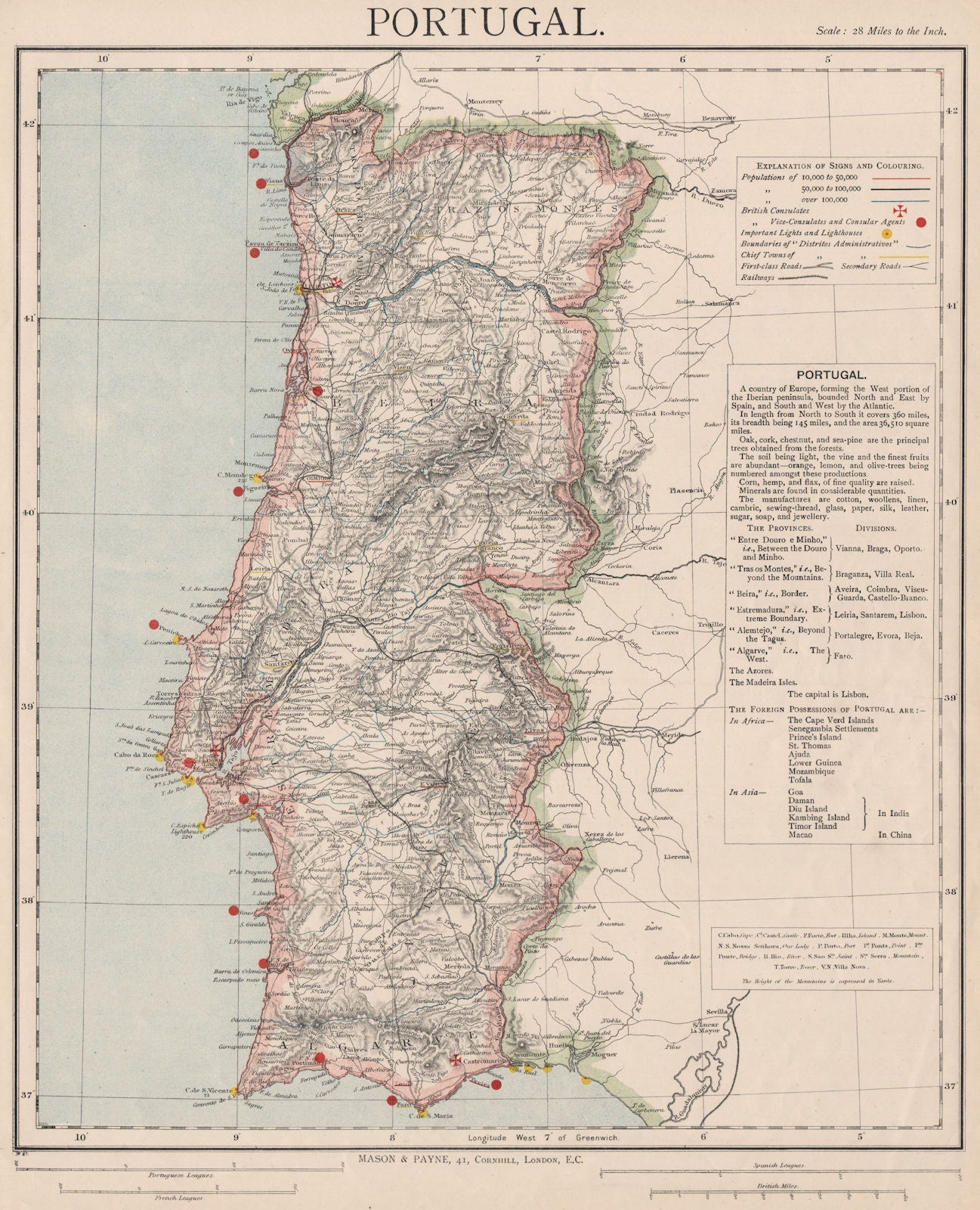 PORTUGAL. Railways Telegraphs Lighthouses British Consuls. LETTS 1889 old map